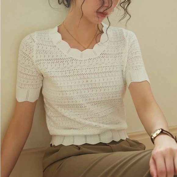 Sweaters - Knit Mix Scallop Trim Pointelle Knit Top sz M NWT